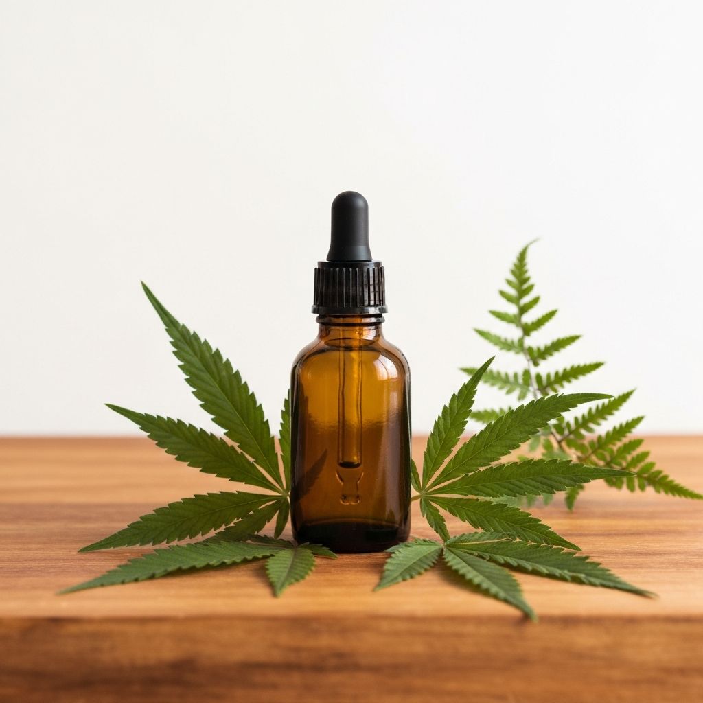 Amber glass CBD tincture bottle with dropper on natural wooden surface