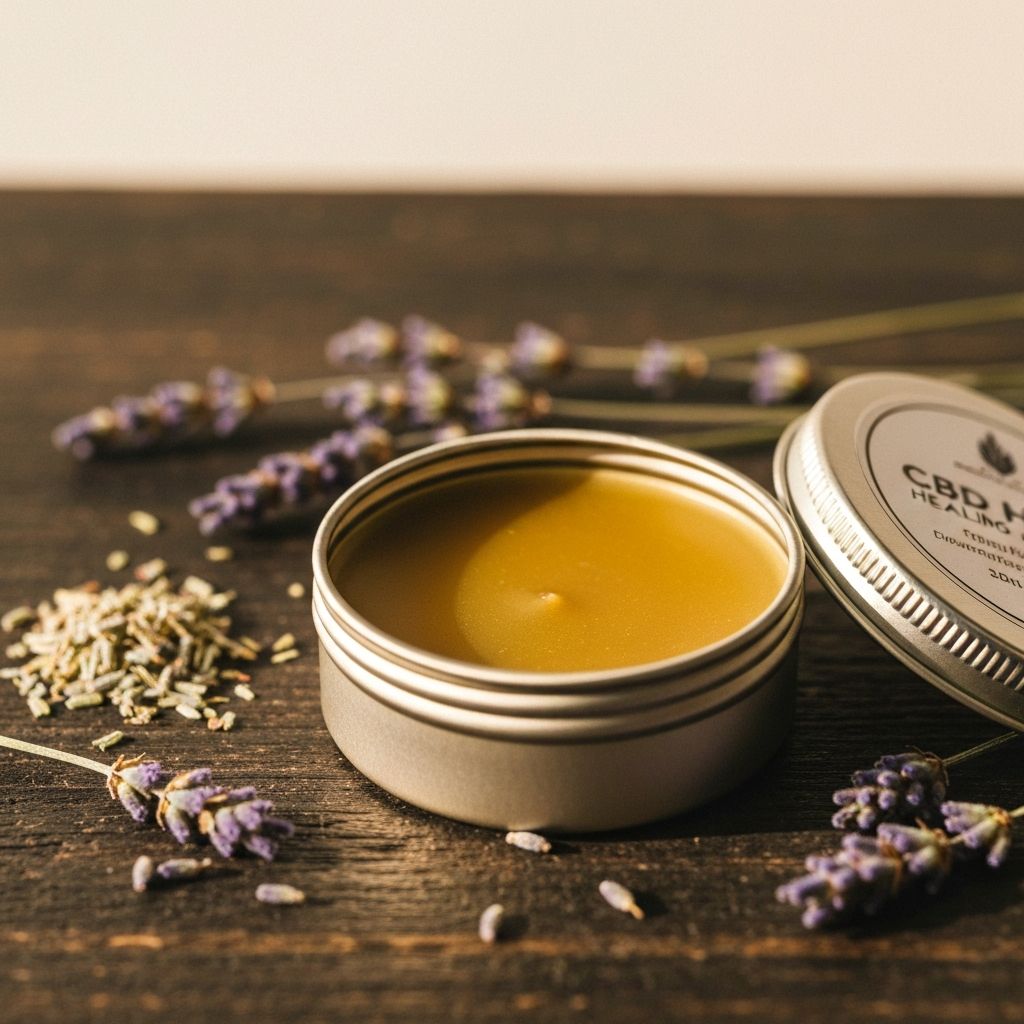 Natural CBD healing balm in tin container with dried herbs